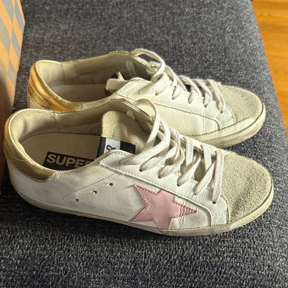 Golden Goose White Leather Sneakers with Pink Star and Gold Heel